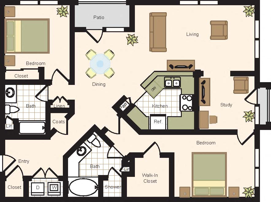 Floor plan for 2 beds, 2 baths, 1271 sqft